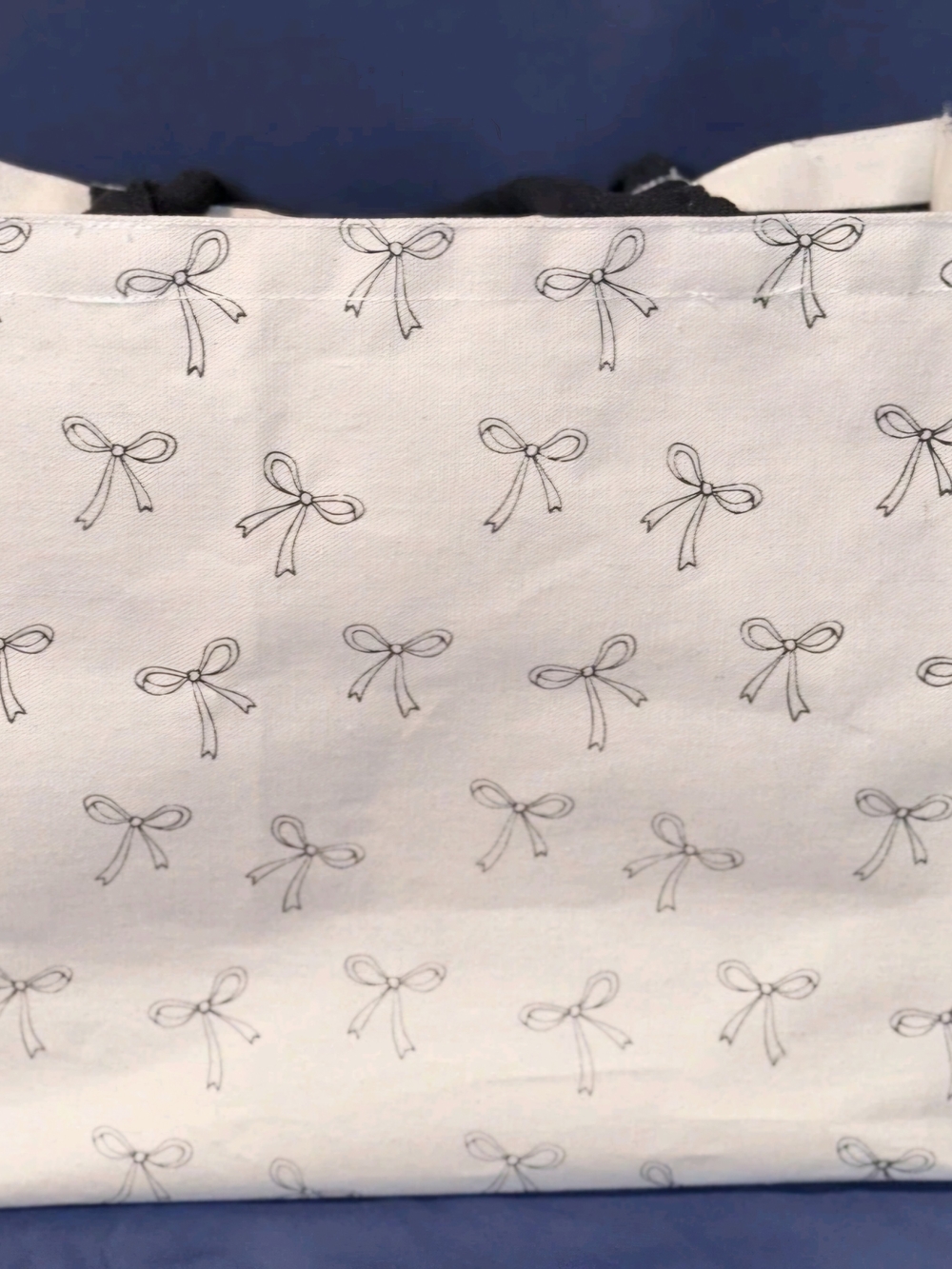 Women's White Canvas Tote with Black Bow Print